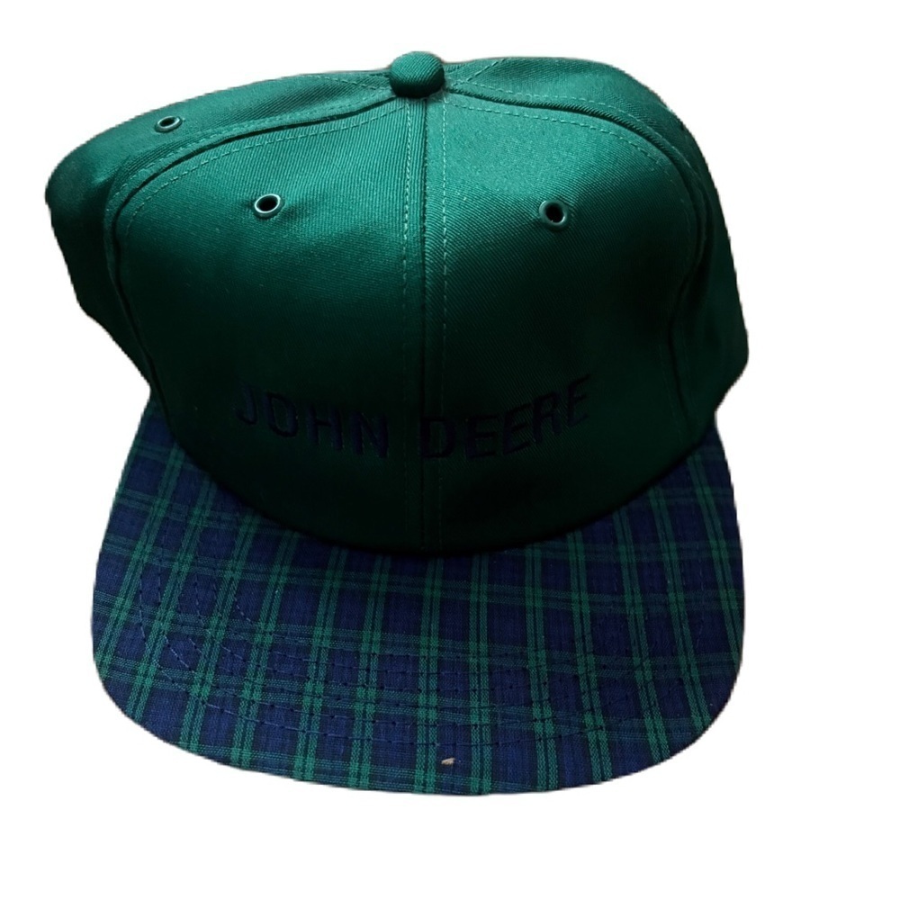 John Deere Green Blue Gingham Checkered Hat K Products Made in USA SnapBack